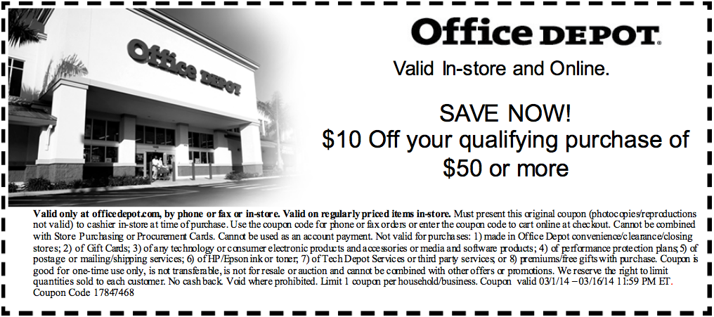 Office Depot: $10 off $50 Printable Coupon
