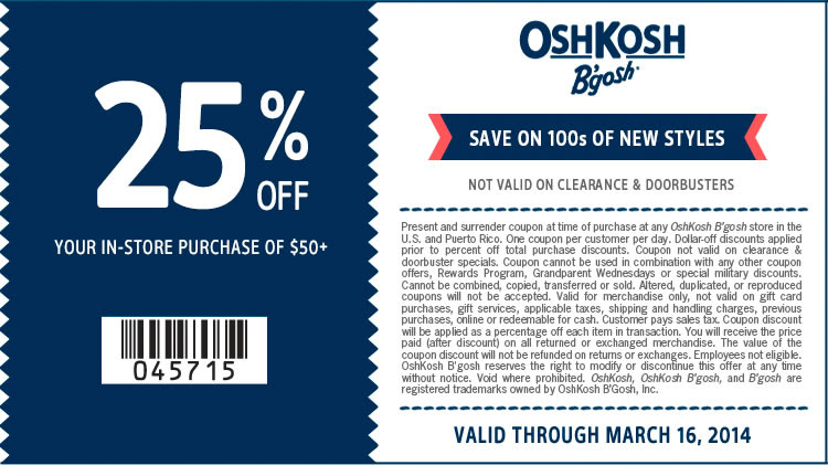OshKosh B'gosh: 25% off $50 Printable Coupon