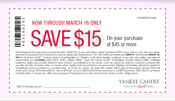 Yankee Candle: $15 off $45 Printable Coupon