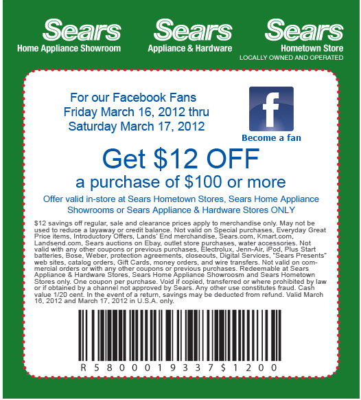 Sears: $12 off $100 Printable Coupon