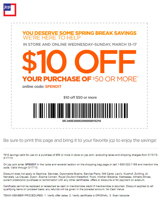 JCPenney: $10 off $50 Printable Coupon