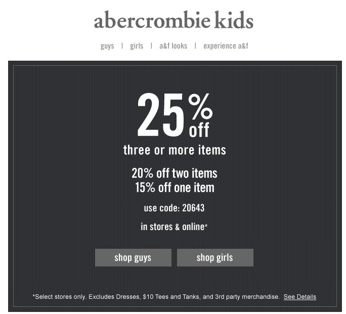 Abercrombie Kids: 15%-25% off Printable Coupon