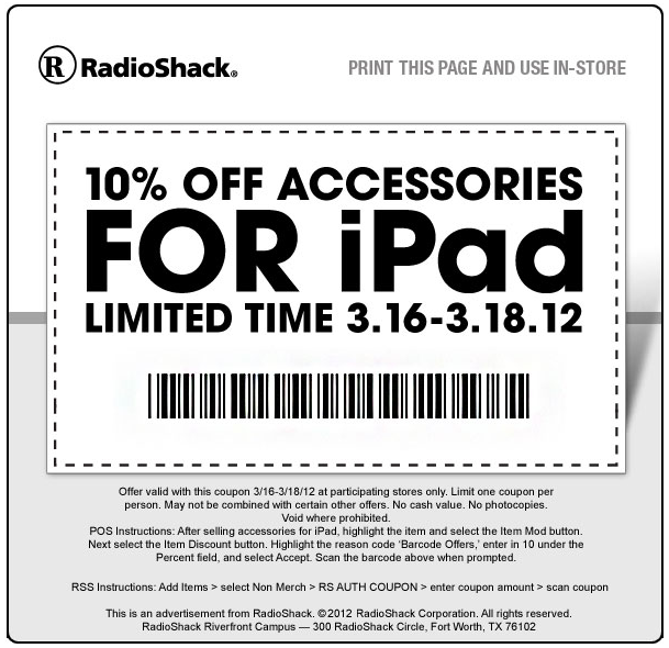 Radio Shack: 10% off iPad Accessories Printable Coupon