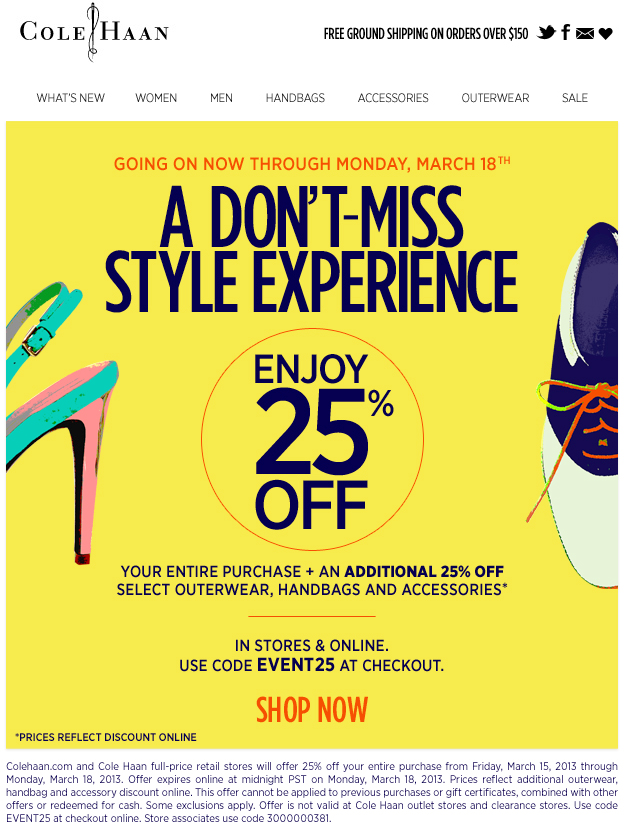 Cole Haan: 25% off Printable Coupon