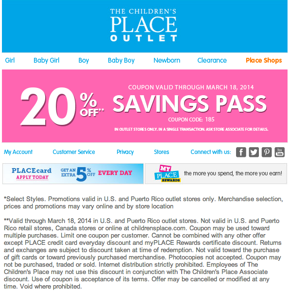 The Children's Place Outlet: 20% off Printable Coupon