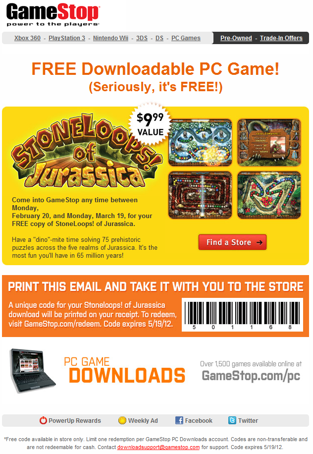 GameStop: Free Downloadable PC Game Printable Coupon