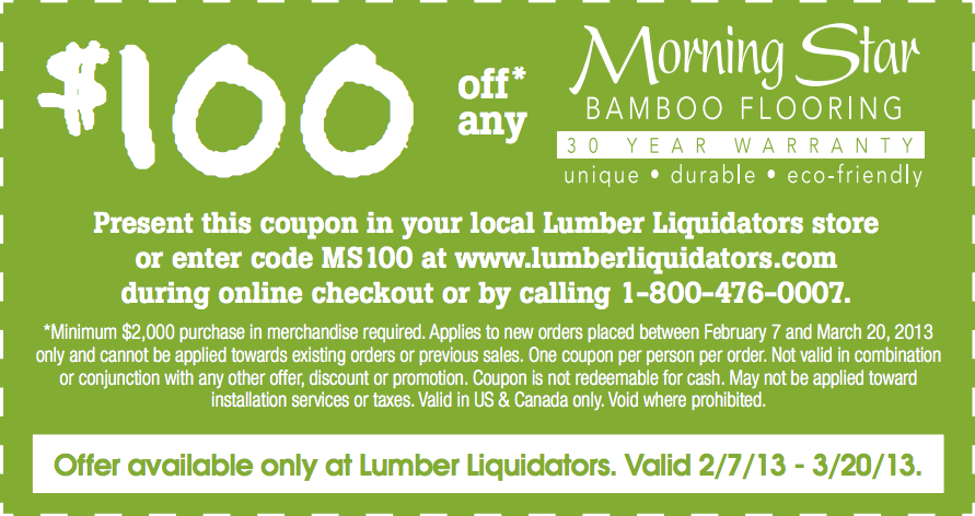 Lumber Liquidators: $100 off Morning Star Bamboo Printable Coupon