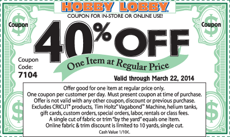 Hobby Lobby: 40% off Item Printable Coupon