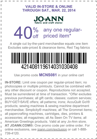 Joann.com: 40%  off Item Printable Coupon