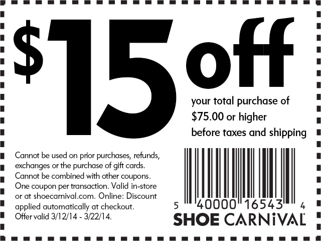 Shoe Carnival: $15 off $75 Printable Coupon