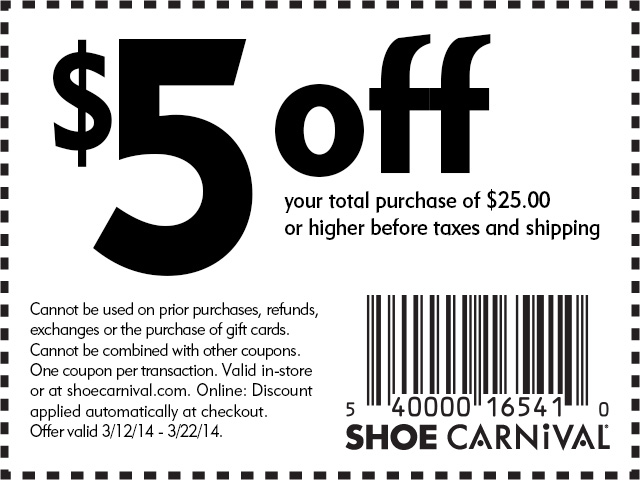 Shoe Carnival: $5 off $25 Printable Coupon