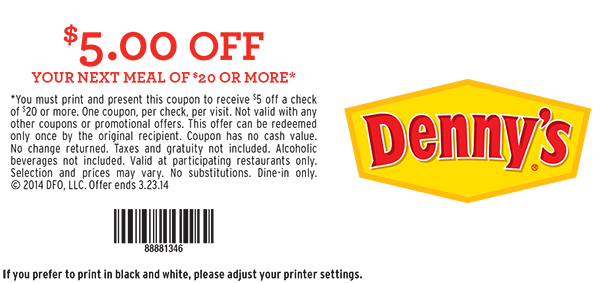 Dennys: $5 off $20 Printable Coupon