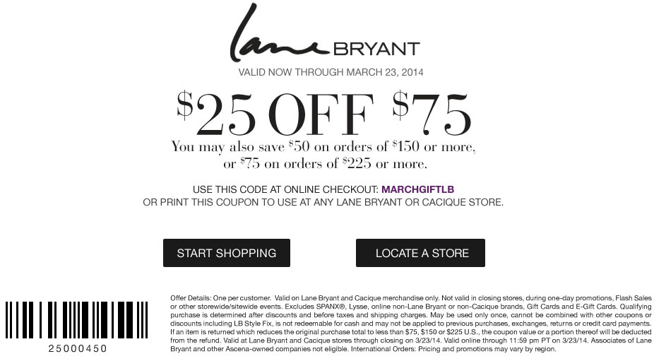 Lane Bryant: $25-$75 off Printable Coupon