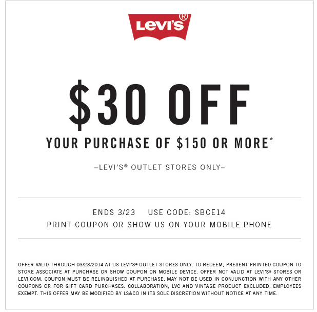 Levi's Outlet 30 off 150 Printable Coupon