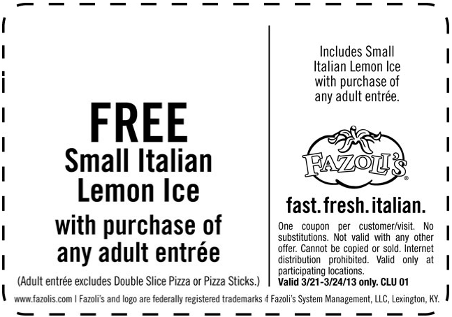 Fazolis: Free Small Lemon Ice Printable Coupon