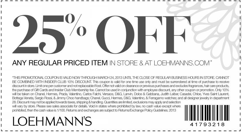 Loehmanns: 25% off Printable Coupon