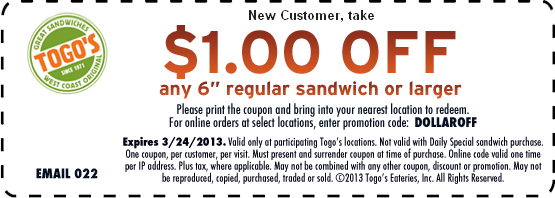 TOGO's: $1 off Sandwich Printable Coupon