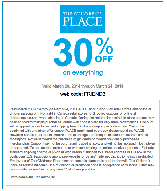 The Children's Place: 30% off Printable Coupon