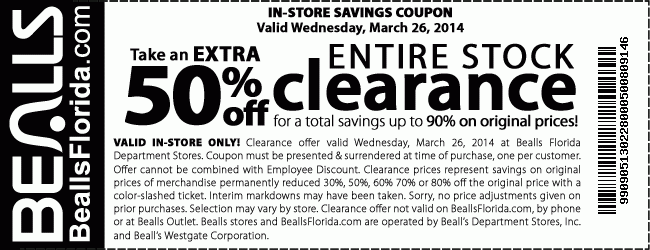 Bealls Department Store: 50% off Clearance Printable Coupon