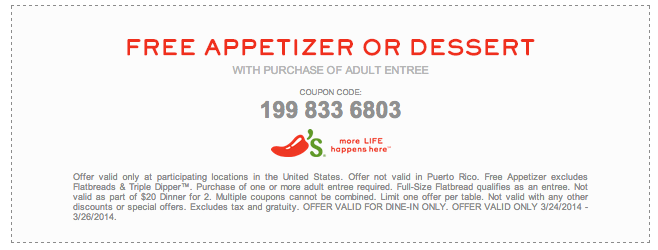 Chili's: Free Appetizer or Dessert Printable Coupon