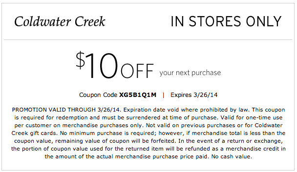 Coldwater Creek: $10 off Printable Coupon