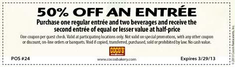 Coco's Bakery: 50% off Entree Printable Coupon