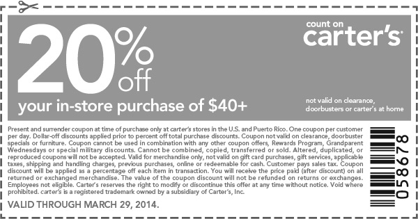 Carter's: 20% off $40 Printable Coupon