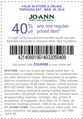 Joann.com: 40% off Item Printable Coupon