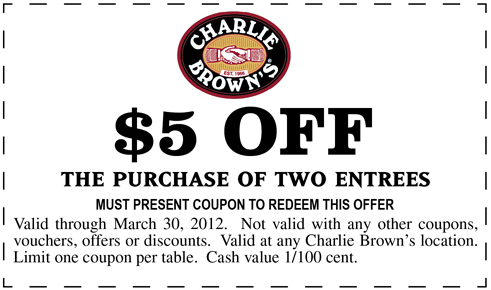 Charlie Brown's: $5 off Printable Coupon