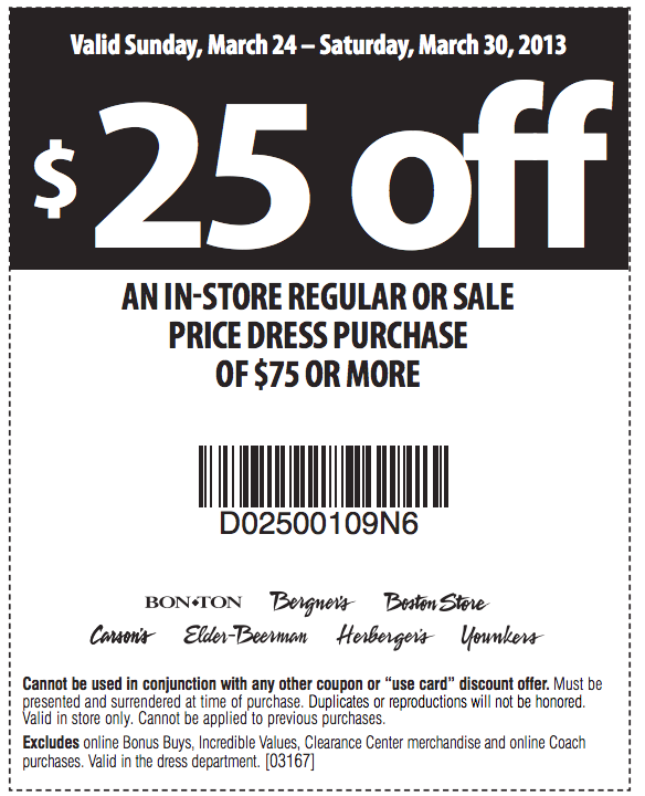 Bergners:  $25 off $75 Dresses Printable Coupon