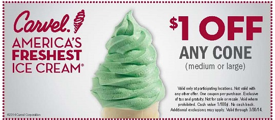 Carvel Ice Cream: $1 off Cone Printable Coupon