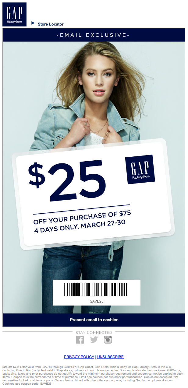 Gap Outlet: $25 off $75 Printable Coupon