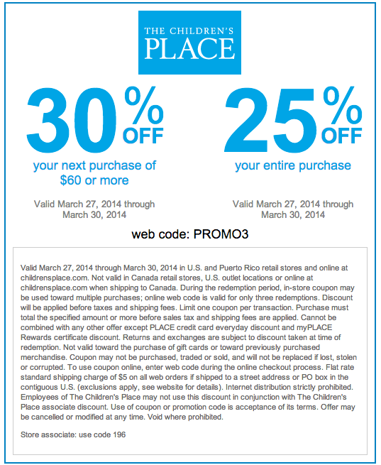The Children's Place: 25%-30% off Printable Coupon