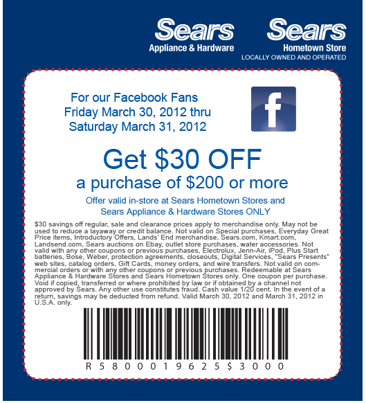 Sears: $30 off $200 Printable Coupon