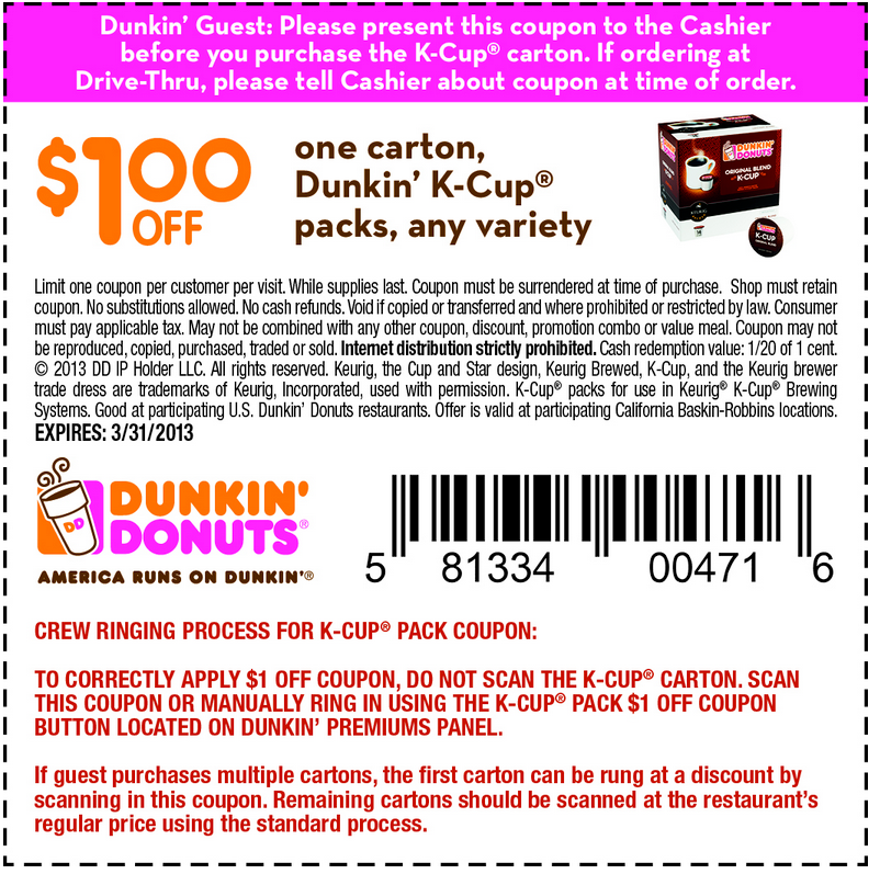 Dunkin Donuts: $1 off K-Cup Packs Printable Coupon