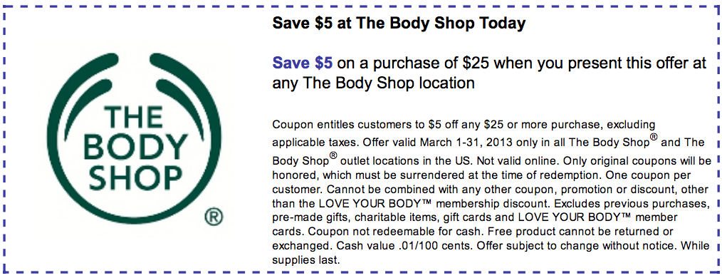 The Body Shop: $5 off $25 Printable Coupon