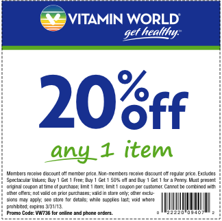 Vitamin World: 20% off Item Printable Coupon