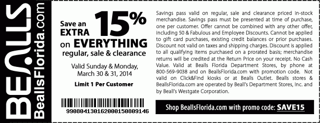 Bealls Department Store: 15% off Printable Coupon