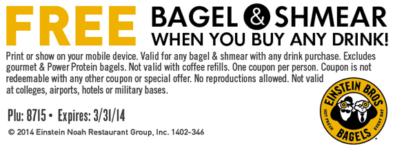 Einstein Bros Bagels: Free Bagel & Shmear Printable Coupon