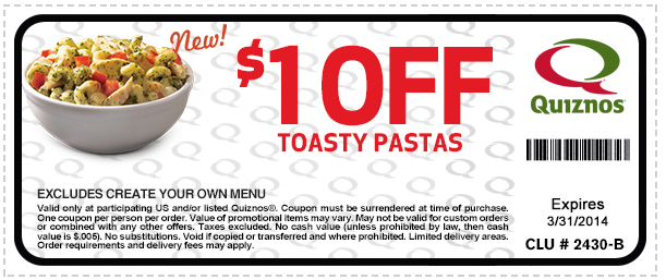 Quiznos: $1 off Toasty Pasta Printable Coupon