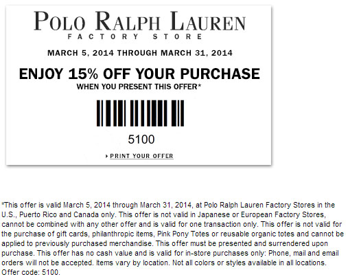 Ralph Lauren Factory Store : 15% off Printable Coupon