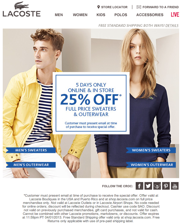Lacoste: 25% off Printable Coupon
