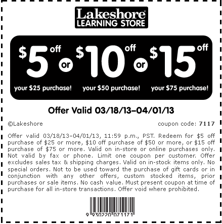 Lakeshore Learning: $5-$15 off Printable Coupon