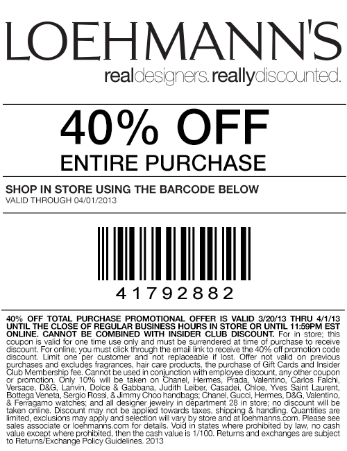 Loehmanns: 40% off Printable Coupon