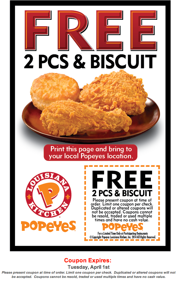 Popeye's: Free 2 Pieces & Biscuit Printable Coupon