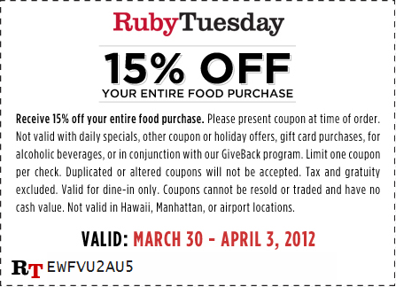 Ruby Tuesdays: 15% off Printable Coupon