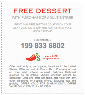 Chili's: Free Dessert Printable Coupon