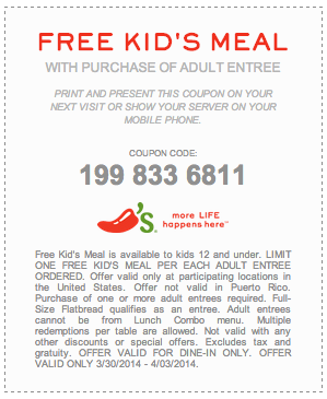 Chili's: Free Kid's Meal Printable Coupon
