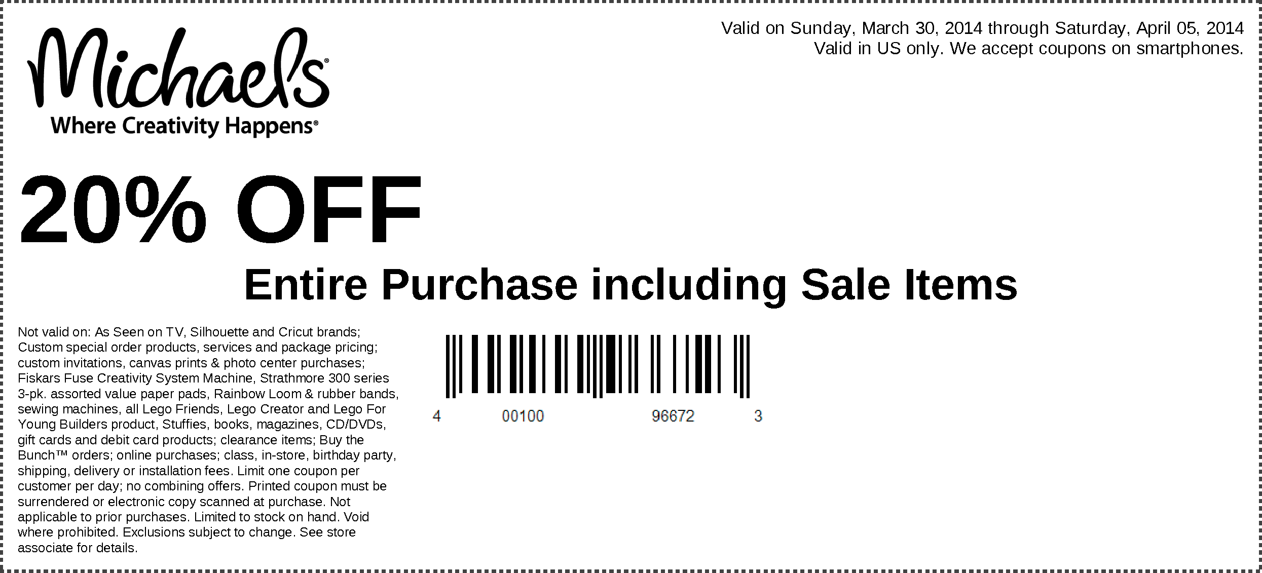 Michaels: 20% off Item Printable Coupon