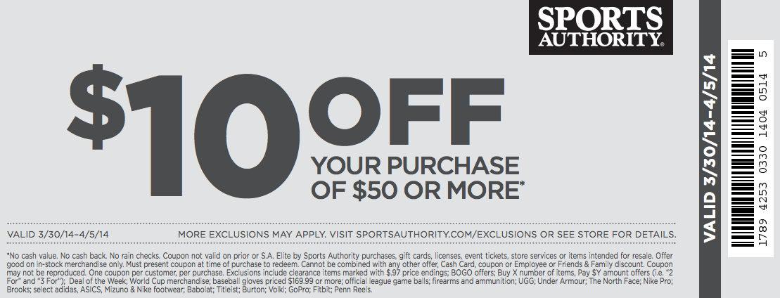 Sports Authority: $10 off $50 Printable Coupon